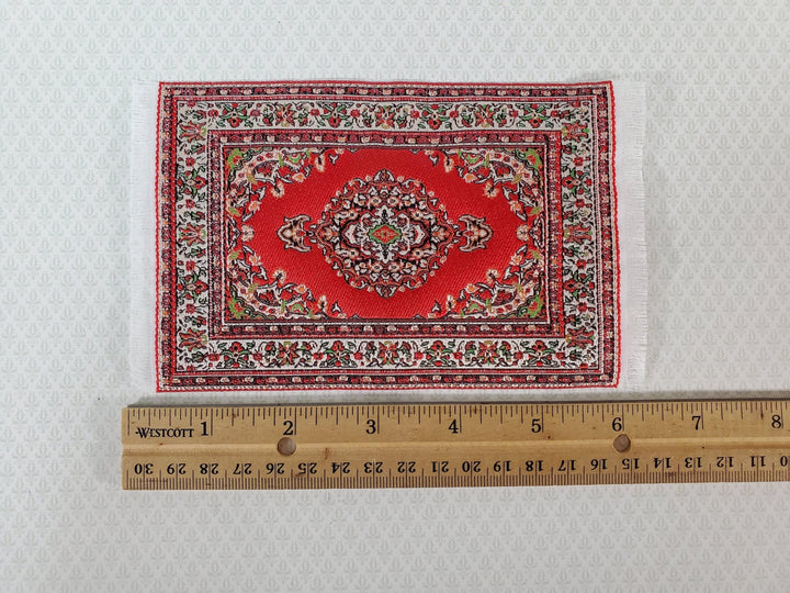 Dollhouse Fabric Rug Small Woven Fabric Red 6 1/4" x 3 7/8" with Fringe 1:12 Scale Miniature - Miniature Crush