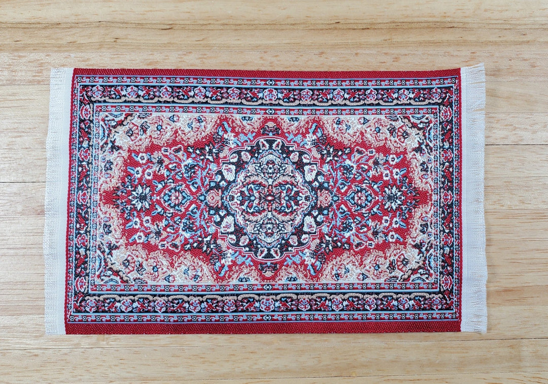 Dollhouse Fabric Rug Woven Red Blue 6 1/4" x 3 7/8" with Fringe 1:12 Scale - Miniature Crush