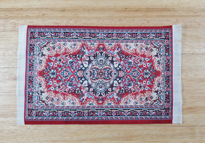 Dollhouse Fabric Rug Woven Red Blue 6 1/4" x 3 7/8" with Fringe 1:12 Scale - Miniature Crush