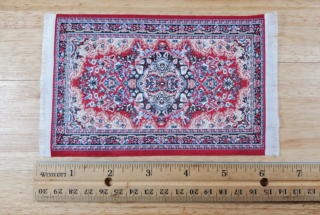 Dollhouse Fabric Rug Woven Red Blue 6 1/4 x 3 7/8 with Fringe 1