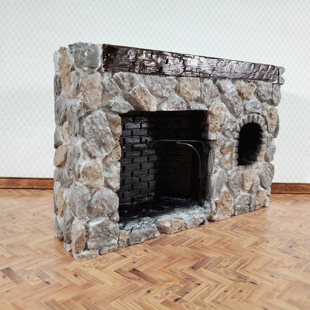 Dollhouse Fireplace Large Stone with Crane Walk-In Style Colonial 1:12 Scale Miniature - Miniature Crush