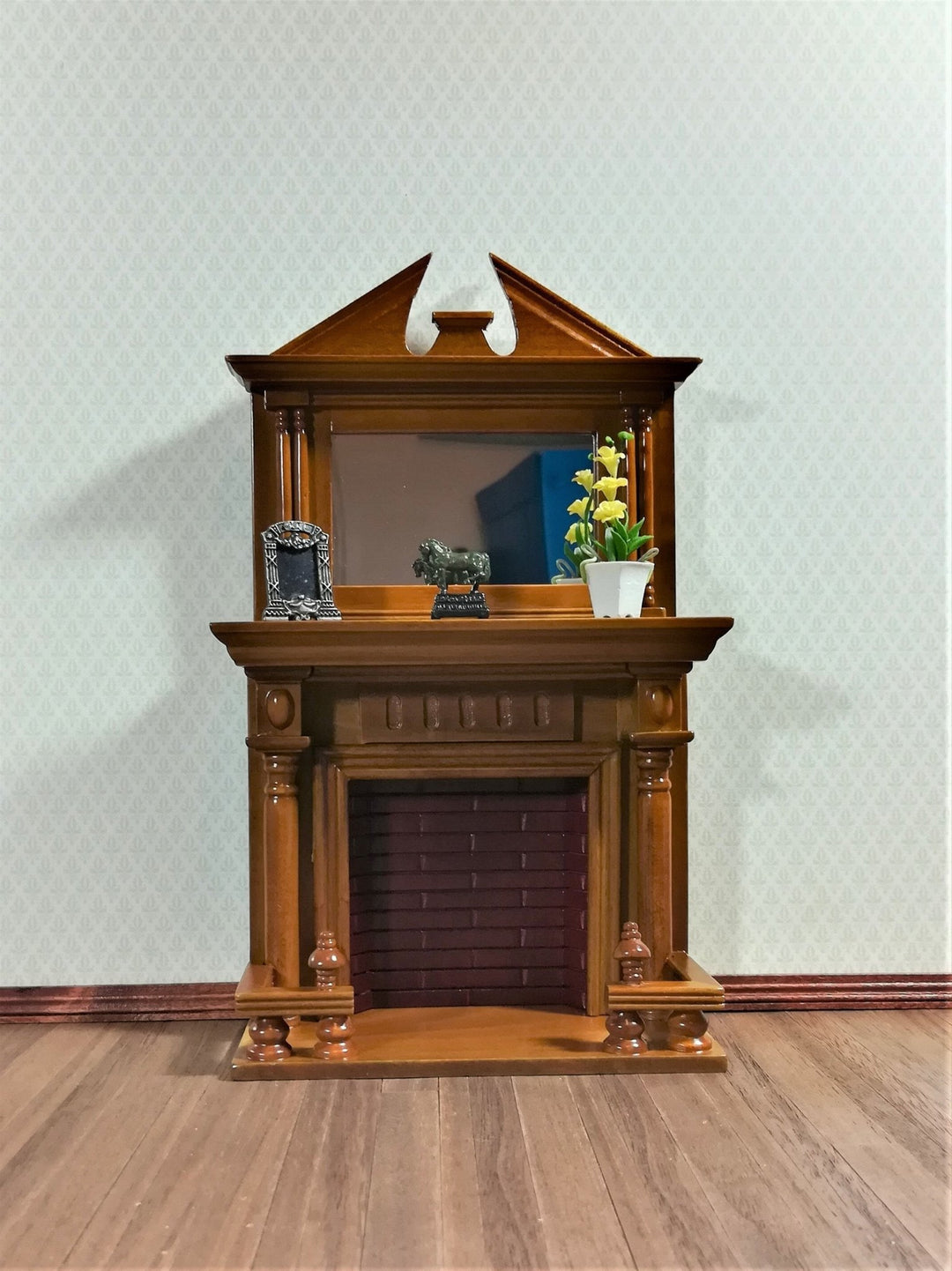 Dollhouse Fireplace Large with Square Mirror Walnut Finish 1:12 Scale Miniature Furniture - Miniature Crush