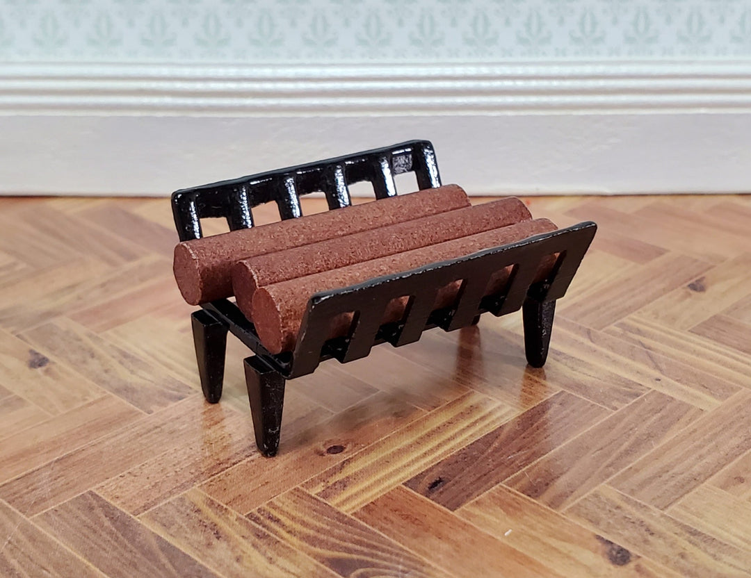 Dollhouse Fireplace Log Grate with Logs Rack Small Black Metal 1:12 Scale Miniatures - Miniature Crush
