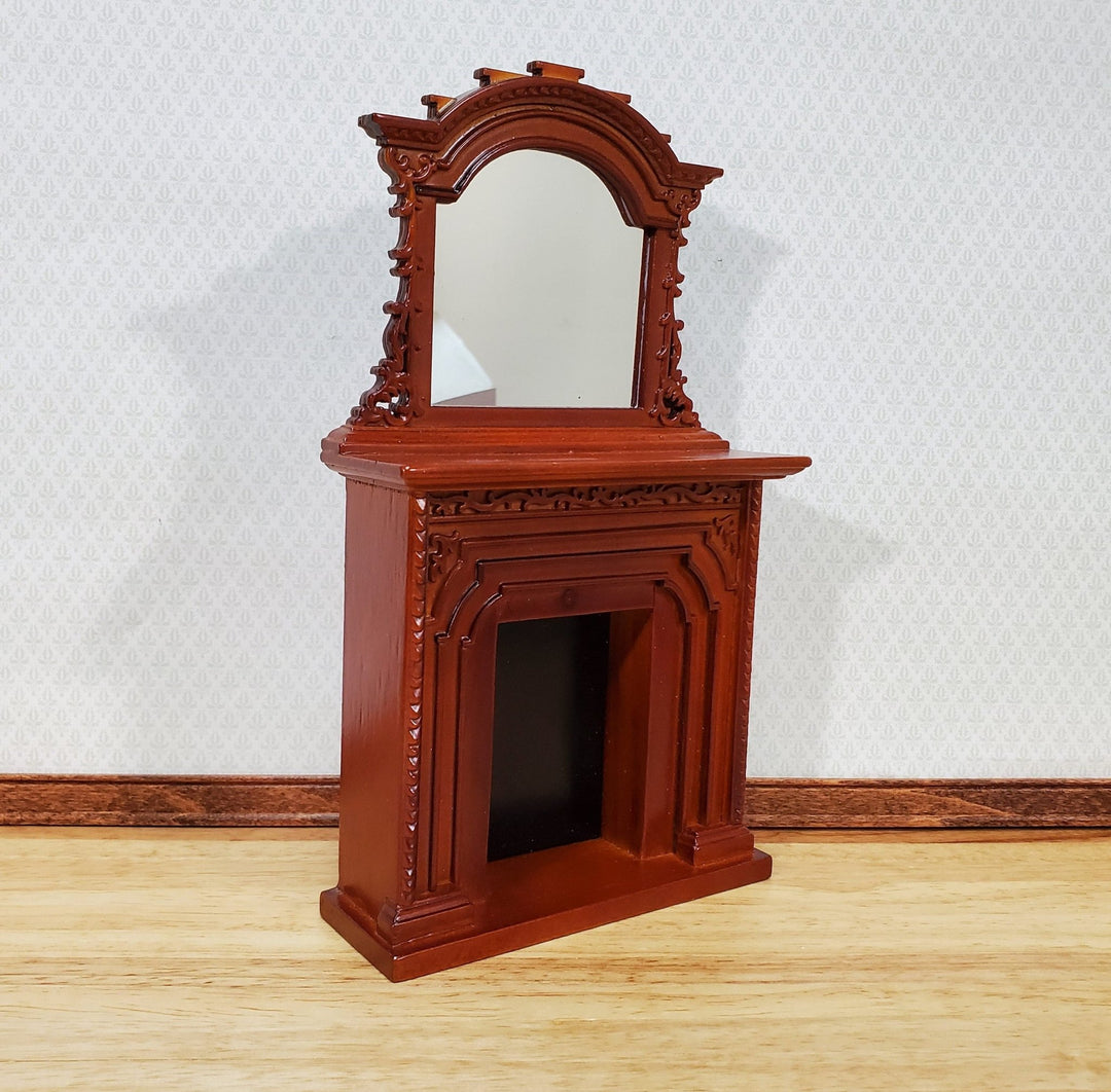 Dollhouse Fireplace Ornate Overmantel with Mirror 1:12 Scale Miniature Walnut Finish - Miniature Crush