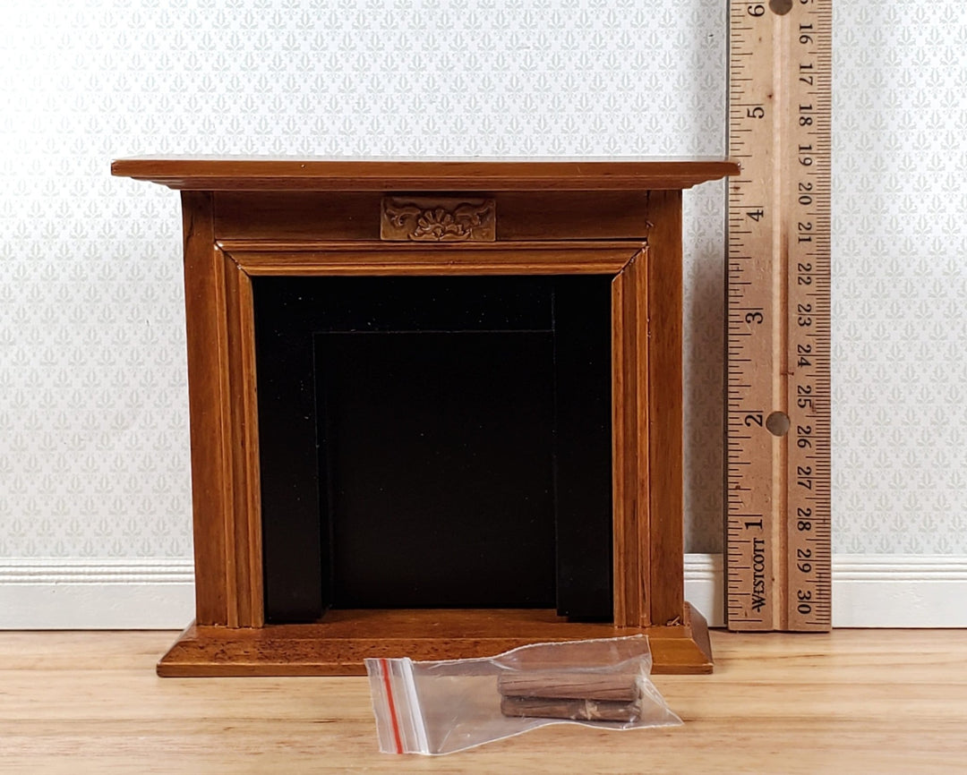 Dollhouse Fireplace with Black Insert Walnut Finish 1:12 Scale Miniature Furniture - Miniature Crush