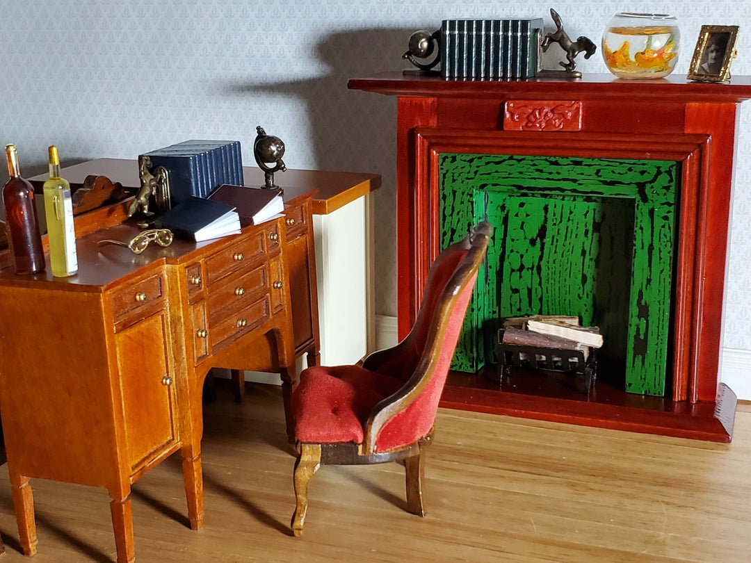 Dollhouse Fireplace with Green Insert Mahogany Finish 1:12 Scale Miniature Furniture - Miniature Crush