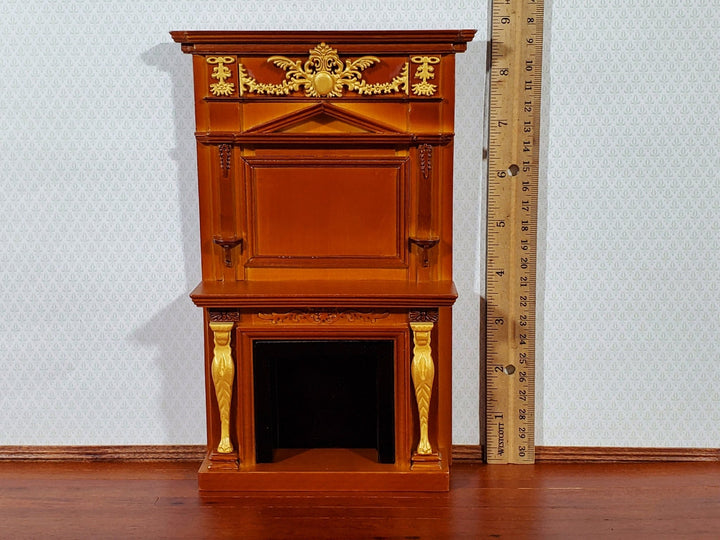 Dollhouse Fireplace with Ornate Overmantel 1:12 Scale Miniature Walnut Finish - Miniature Crush