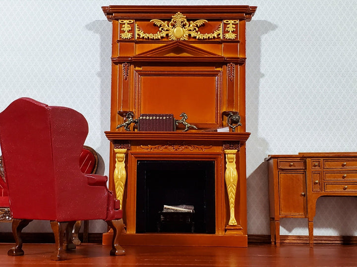 Dollhouse Fireplace with Ornate Overmantel 1:12 Scale Miniature Walnut Finish - Miniature Crush