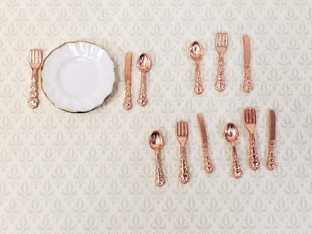 Dollhouse Flatware Copper Finish Fork Spoon Knife Fancy 4 Place Settings 1:12 Scale - Miniature Crush