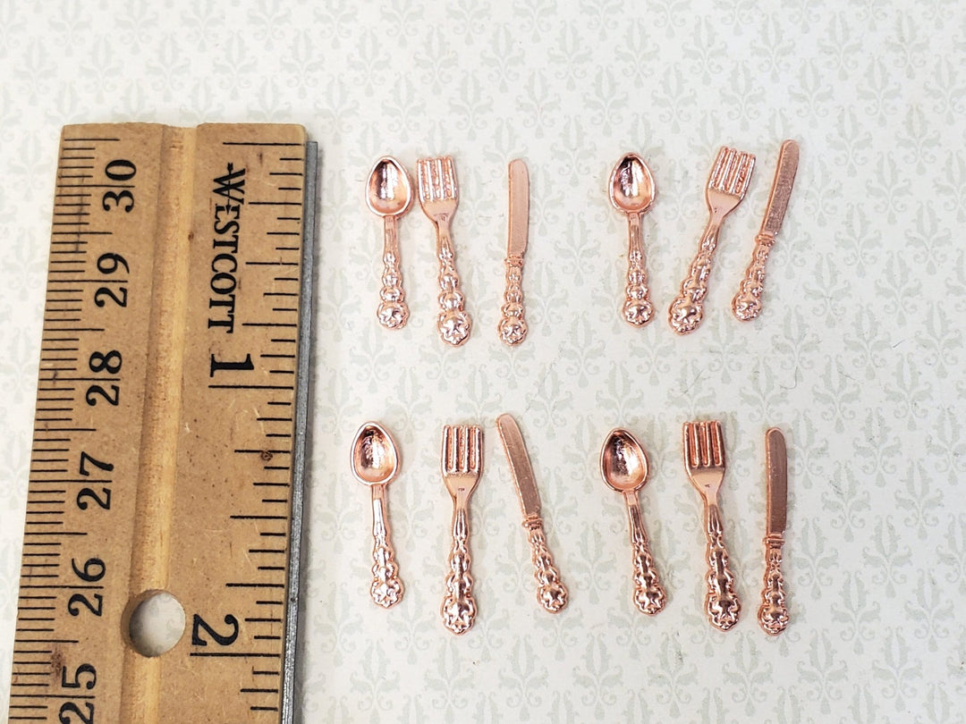 Dollhouse Flatware Copper Finish Fork Spoon Knife Fancy 4 Place Settings 1:12 Scale - Miniature Crush