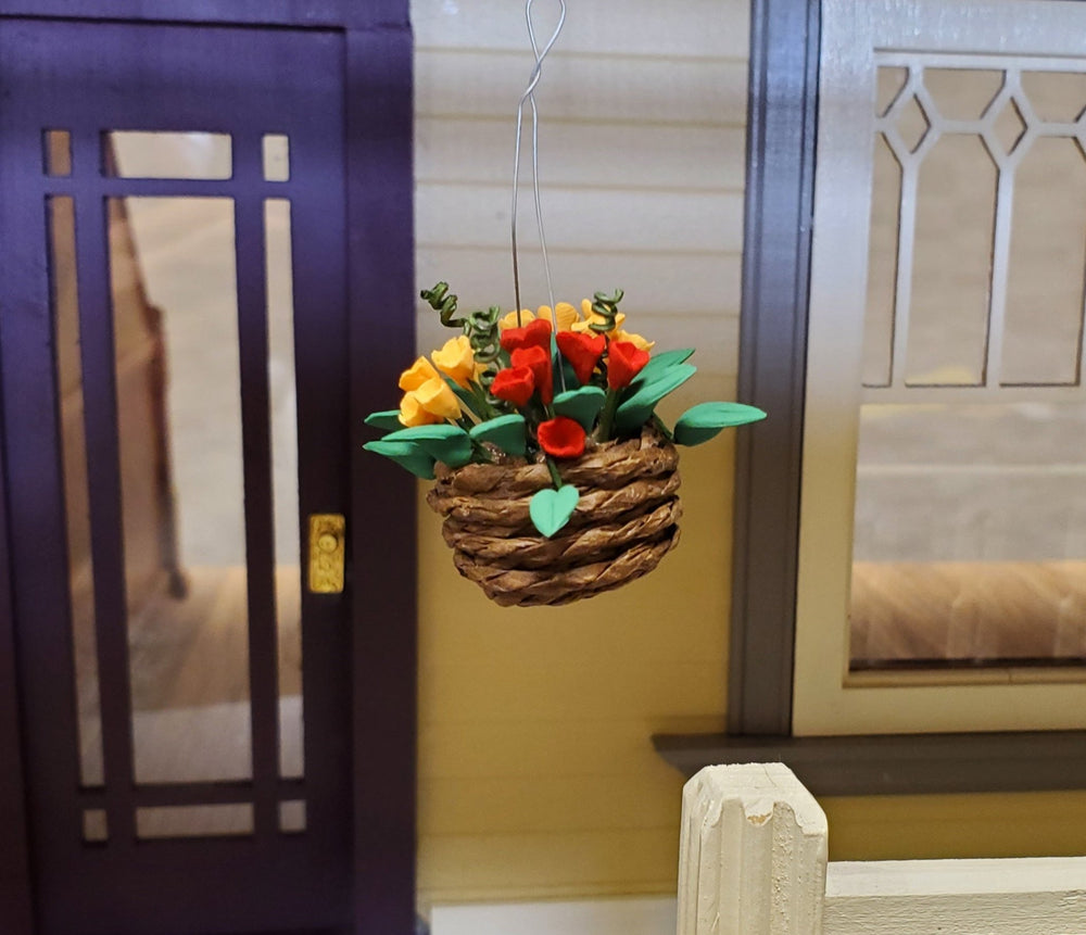 Dollhouse Flowers Hanging Basket Red and Yellow 1:12 Scale Miniature Garden - Miniature Crush