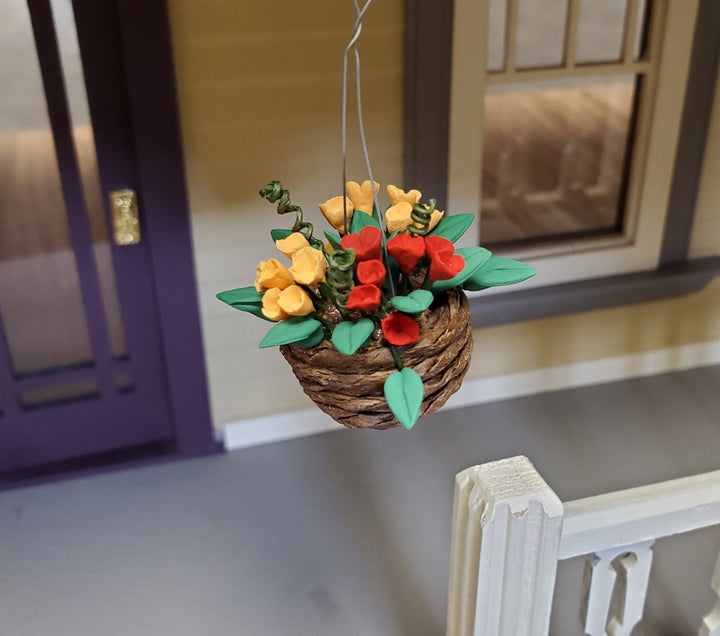 Dollhouse Flowers Hanging Basket Red and Yellow 1:12 Scale Miniature Garden - Miniature Crush