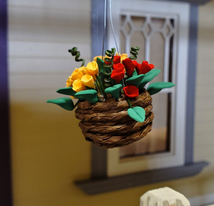 Dollhouse Flowers Hanging Basket Red and Yellow 1:12 Scale Miniature Garden - Miniature Crush