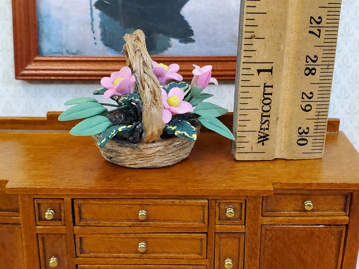 Dollhouse Flowers in a Natural Fiber Basket Pink Daisies 1:12 Scale Miniature - Miniature Crush