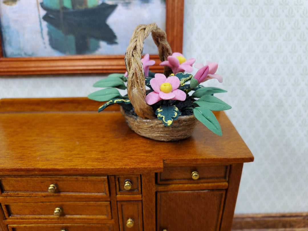 Dollhouse Flowers in a Natural Fiber Basket Pink Daisies 1:12 Scale Miniature - Miniature Crush