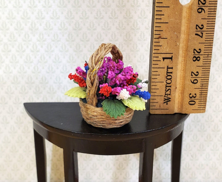 Dollhouse Flowers in a Natural Fiber Basket Pink Purple Red White 1:12 Scale Miniature - Miniature Crush