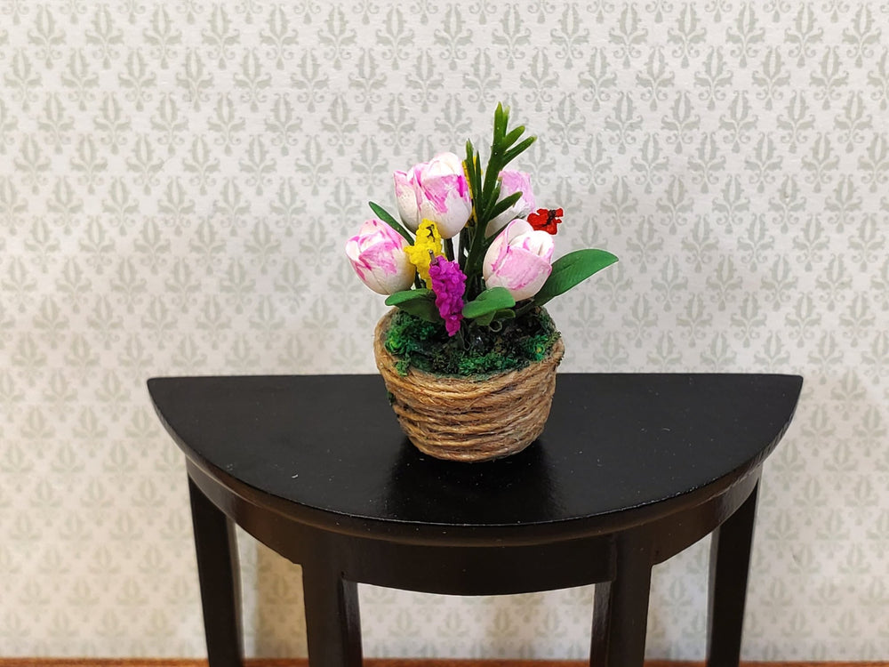 Dollhouse Flowers in a Natural Fiber Basket Pink Tulips 1:12 Scale Miniature - Miniature Crush