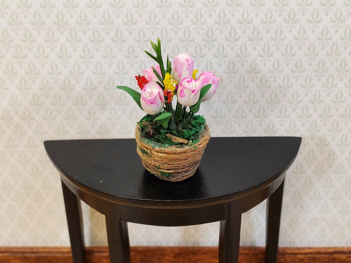 Dollhouse Flowers in a Natural Fiber Basket Pink Tulips 1:12 Scale Miniature - Miniature Crush