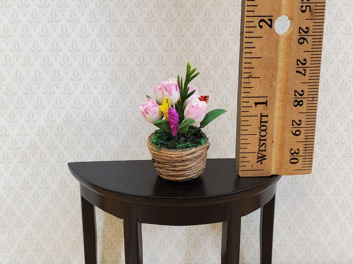 Dollhouse Flowers in a Natural Fiber Basket Pink Tulips 1:12 Scale Miniature - Miniature Crush