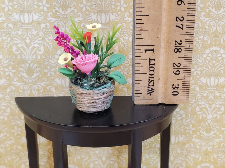 Dollhouse Flowers in a Natural Fiber Basket Pinks Reds Yellows 1:12 Scale Miniature - Miniature Crush