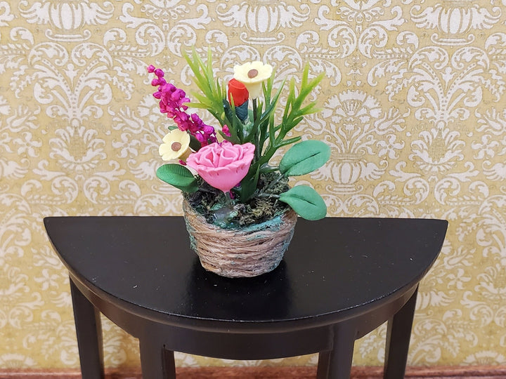 Dollhouse Flowers in a Natural Fiber Basket Pinks Reds Yellows 1:12 Scale Miniature - Miniature Crush