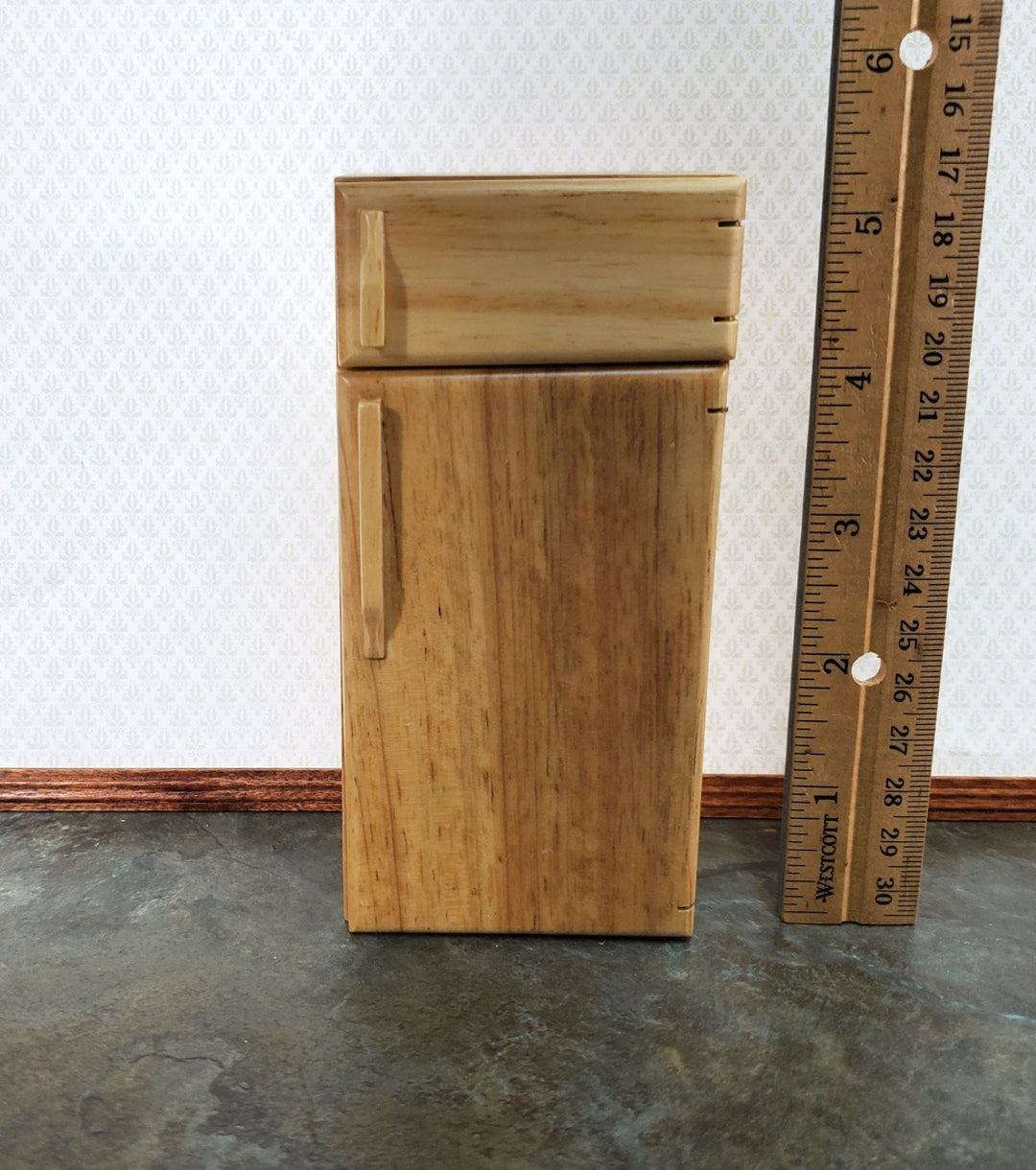Dollhouse Fridge Modern Refrigerator Freeze Light Oak Finish 1:12 Scale Miniature - Miniature Crush