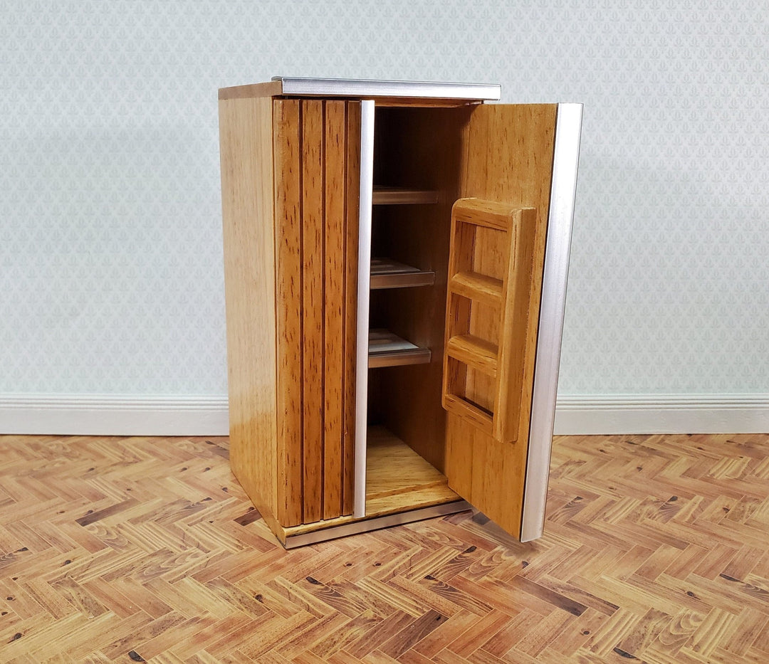 Dollhouse Fridge Modern Refrigerator Oak Finish 1:12 Scale Miniature Wood Furniture - Miniature Crush