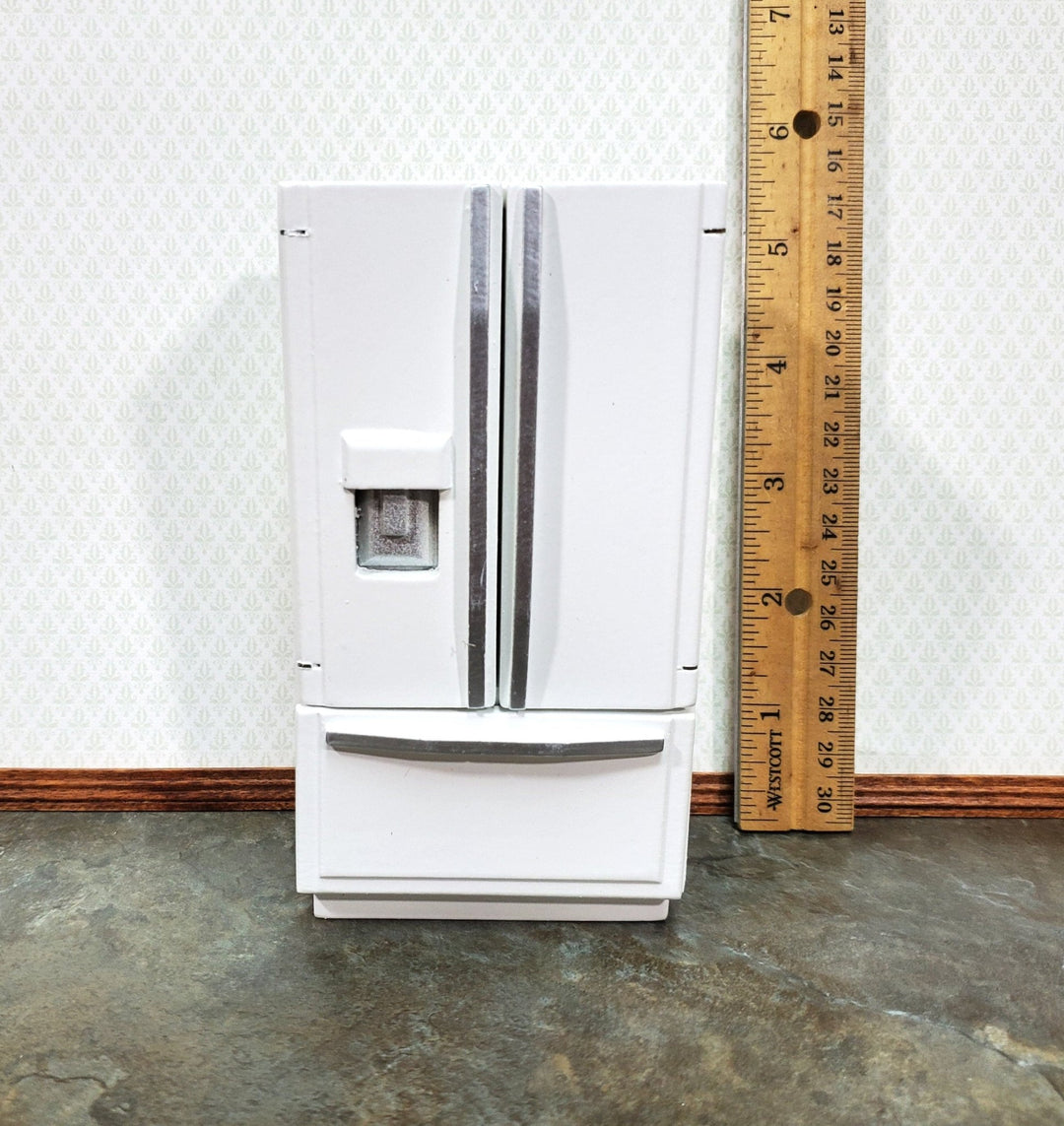Dollhouse Fridge Modern Refrigerator White Silver 2 Door 1:12 Scale Miniature - Miniature Crush