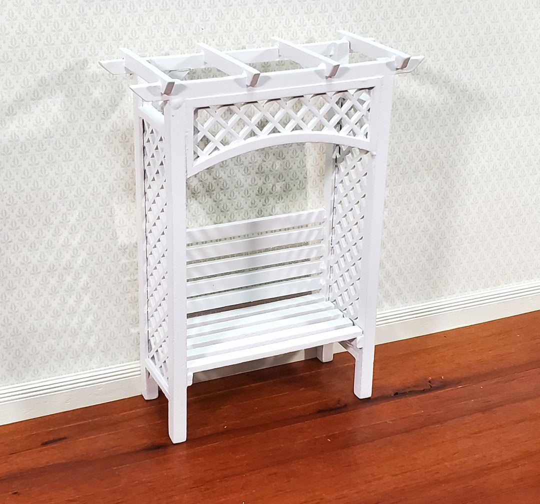 Dollhouse Garden Arbor Bench with Trellis for Flowers White Wood 1:12 Scale Miniature - Miniature Crush