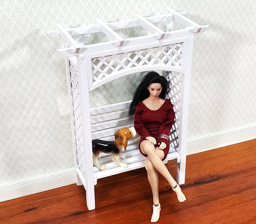 Dollhouse Garden Arbor Bench with Trellis for Flowers White Wood 1:12 Scale Miniature - Miniature Crush