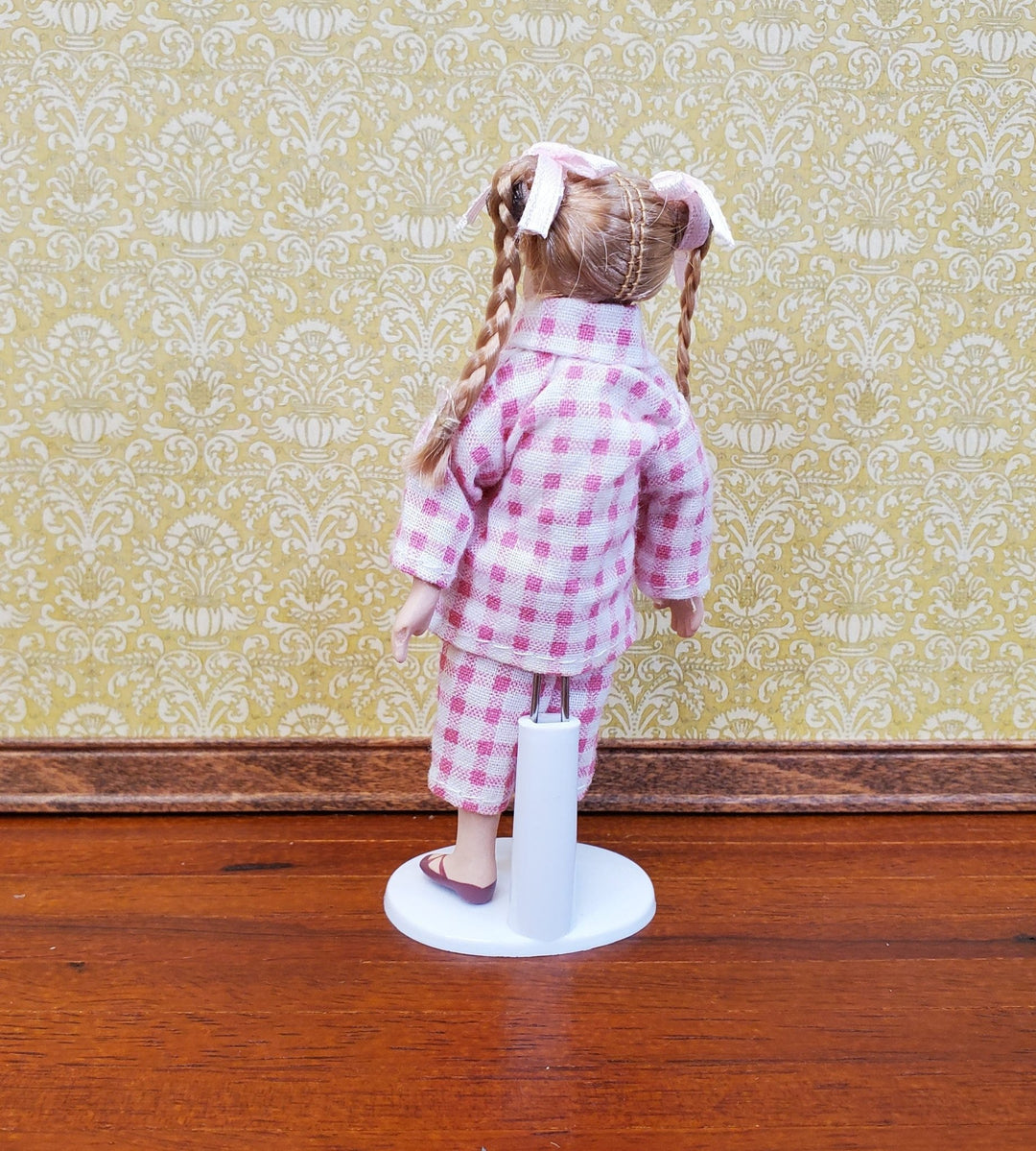 Dollhouse Girl Doll Braids Porcelain Pink & White Checked Outfit 1:12 Scale Miniature - Miniature Crush