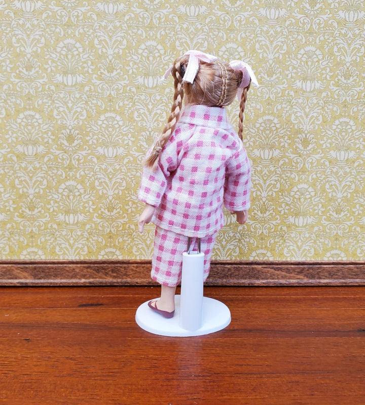 Dollhouse Girl Doll Braids Porcelain Pink & White Checked Outfit 1:12 Scale Miniature - Miniature Crush
