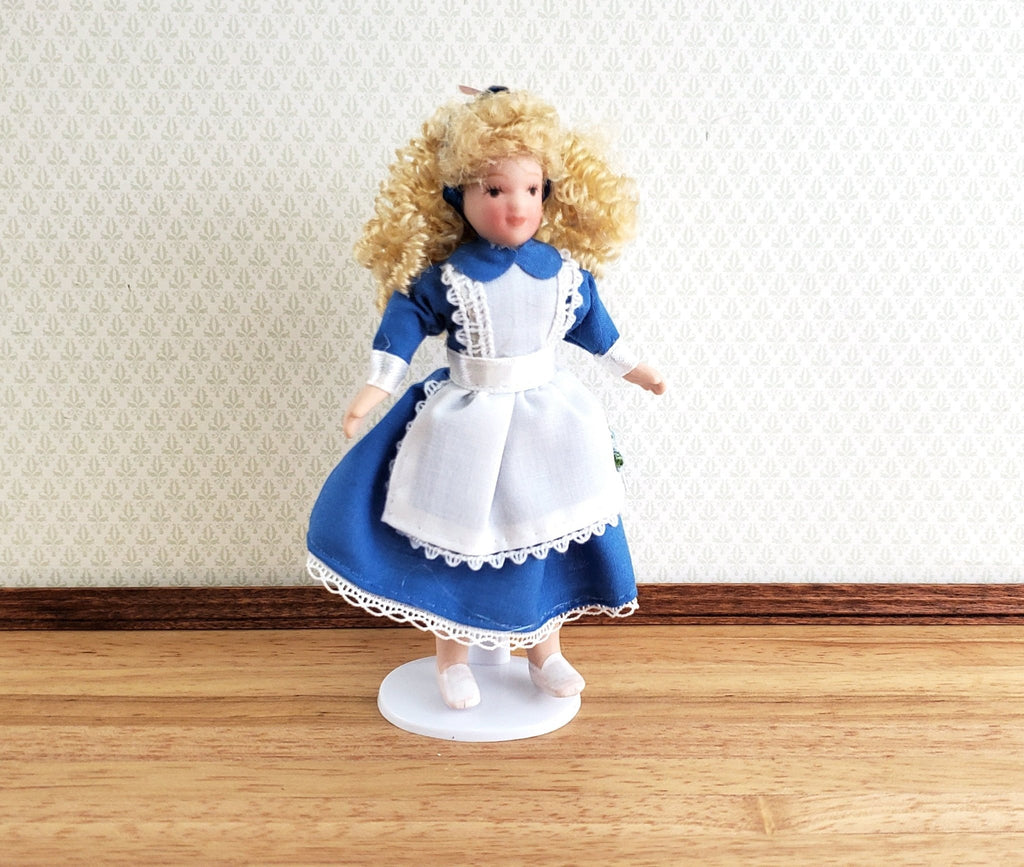 Dollhouse Girl Doll Curly Hair Porcelain Poseable 1:12 Scale Miniature Blue White Dress - Miniature Crush MiniatureCrush Dollhouse Girl Doll Curly Hair Porcelain Poseable 1:12 Scale Miniature Blue White Dress - Miniature Crush MiniatureCrush
