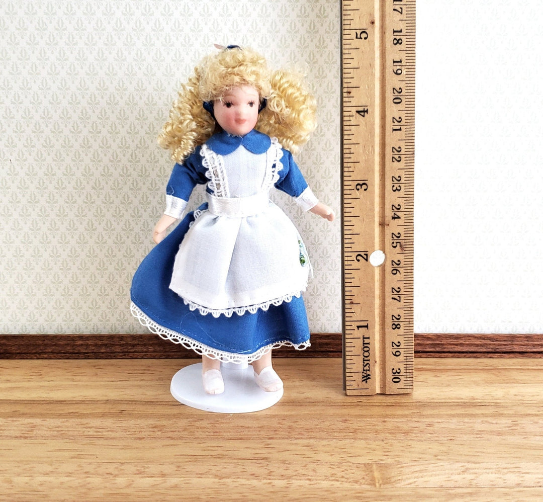 Dollhouse Girl Doll Curly Hair Porcelain Poseable 1:12 Scale Miniature Blue White Dress