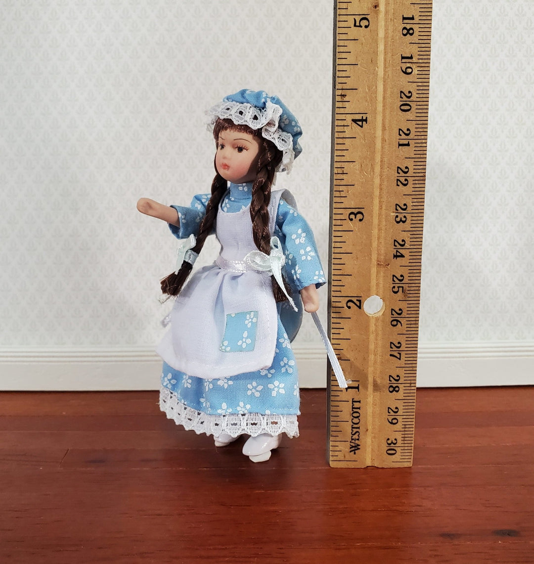 Dollhouse Girl Doll Long Hair Brown Braids Porcelain Poseable 1:12 Scale Miniature - Miniature Crush