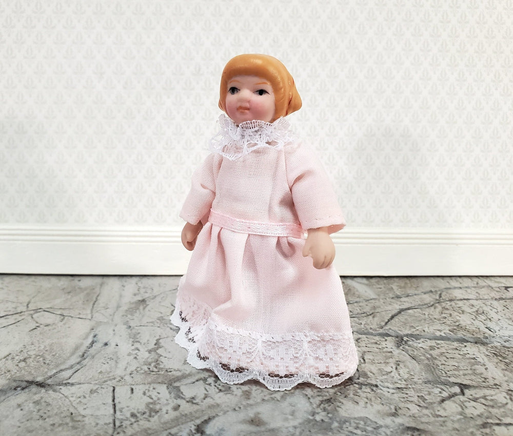 Dollhouse Girl Little Sister Doll Porcelain Poseable Pink Dress 1:12 Scale Miniature Victorian - Miniature Crush