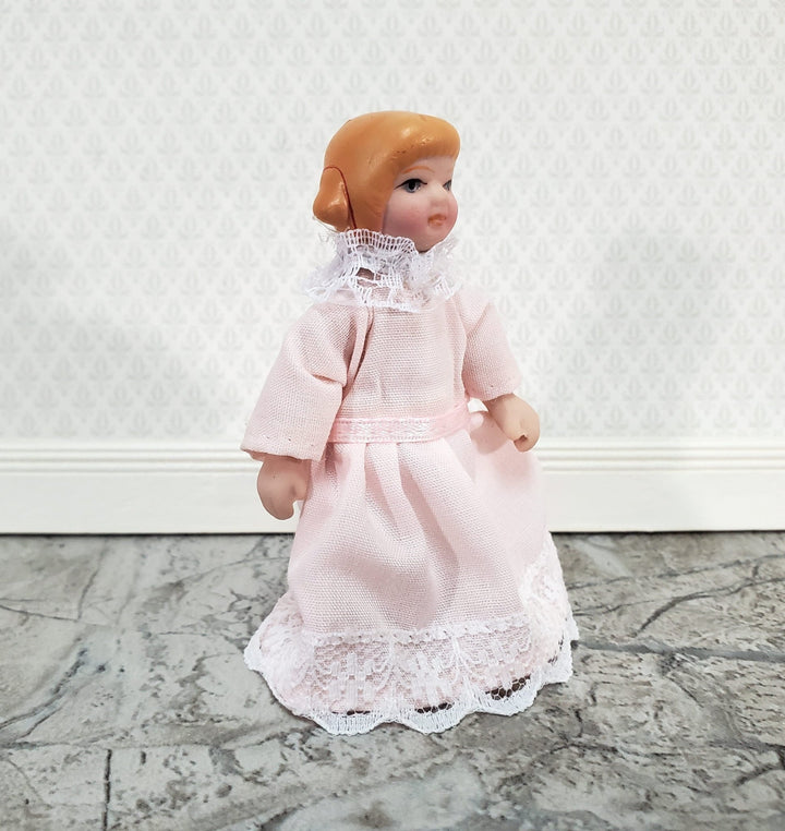 Dollhouse Girl Little Sister Doll Porcelain Poseable Pink Dress 1:12 Scale Miniature Victorian - Miniature Crush