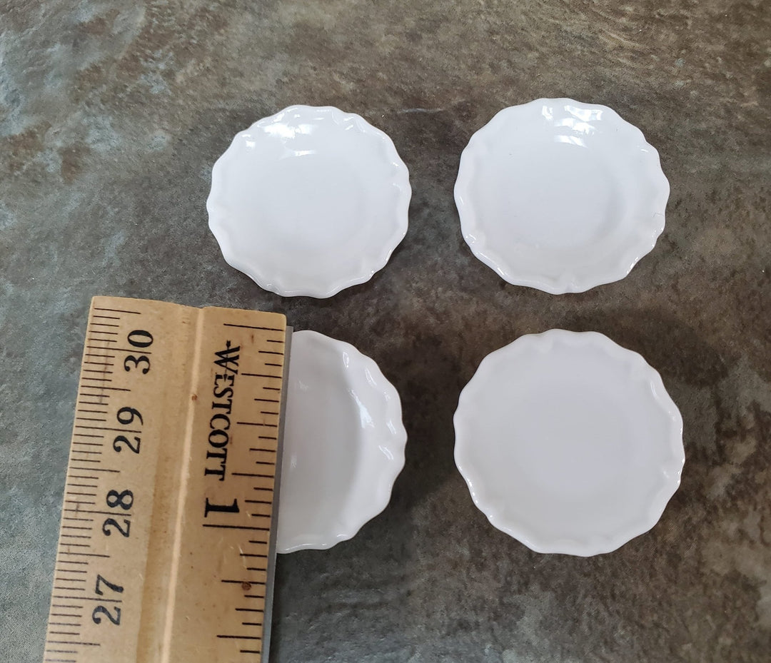 Dollhouse Glass Plates or Platters All White Scalloped Edge Ceramic Set of 4 Large Round 1 1/8" - Miniature Crush