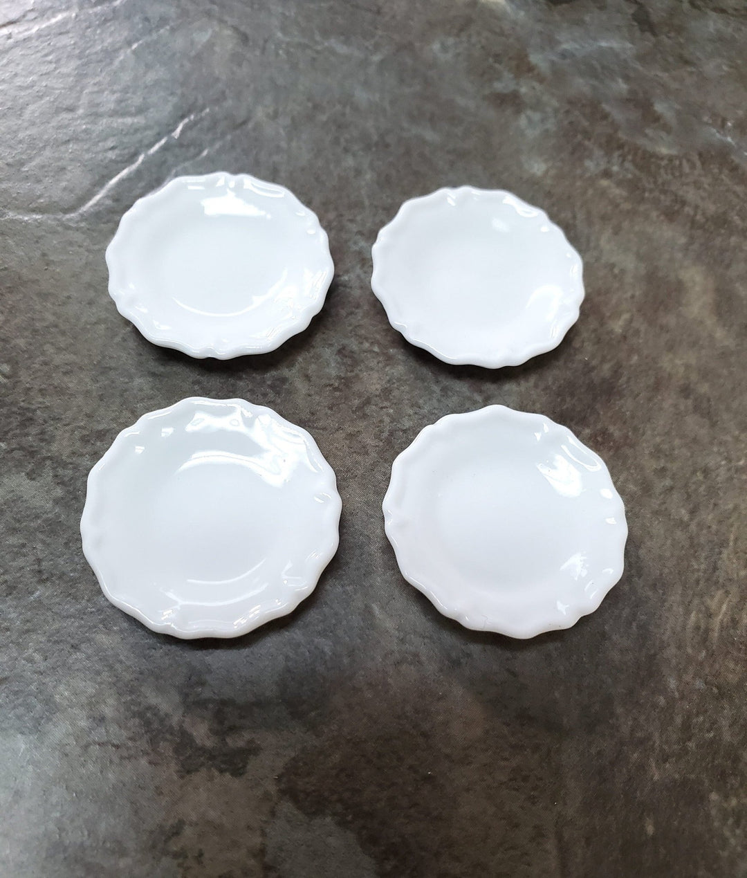 Dollhouse Glass Plates or Platters All White Scalloped Edge Ceramic Set of 4 Large Round 1 1/8" - Miniature Crush