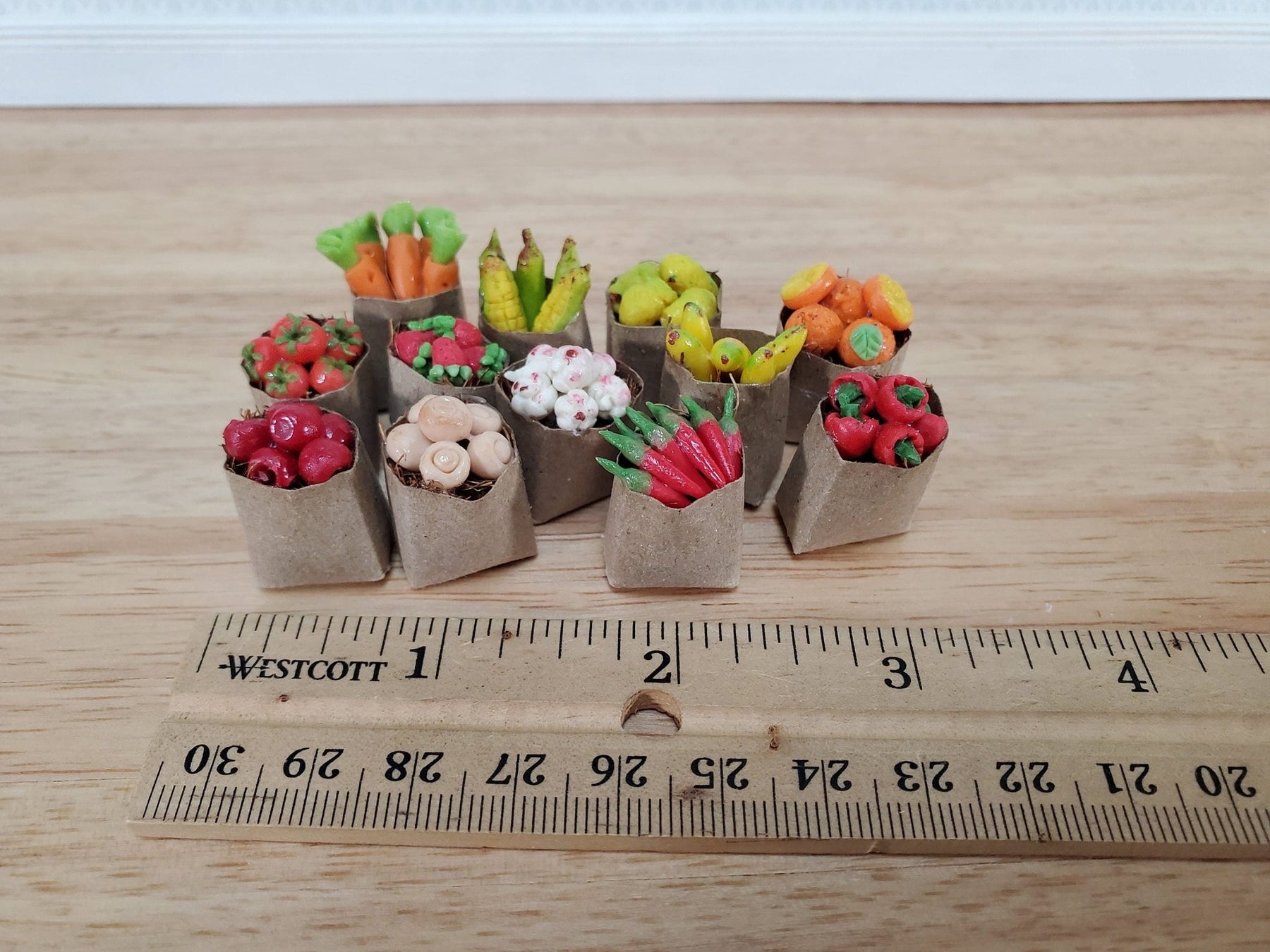 Dollhouse Groceries 12 Small Bags Fruits Vegetables 1:12 Scale