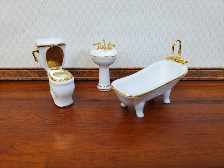 Dollhouse HALF SCALE Bathroom Set Reutter Porcelain Tub Toilet Sink 1:24 Miniatures 24k Gold Accents - Miniature Crush