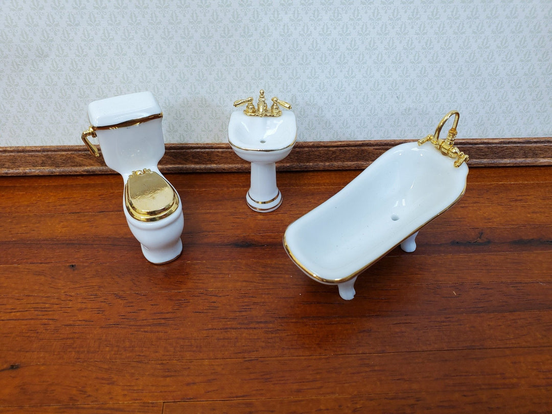 Dollhouse HALF SCALE Bathroom Set Reutter Porcelain Tub Toilet Sink 1:24  Miniatures 24k Gold Accents -