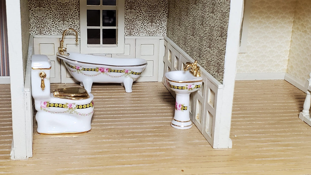 Dollhouse Miniature Bathroom Set Tub Toilet Sink Mirror White & Gold 1:12  Scale