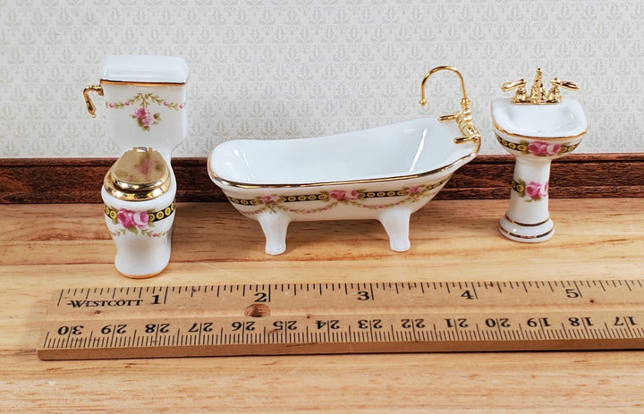 Dollhouse HALF SCALE Bathroom Set Reutter Porcelain Victorian Rose 1:24 Tub Sink - Miniature Crush