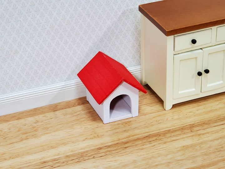 Dollhouse HALF SCALE Dog House Kennel Small Wood 1:12 Scale Miniature Red and White - Miniature Crush