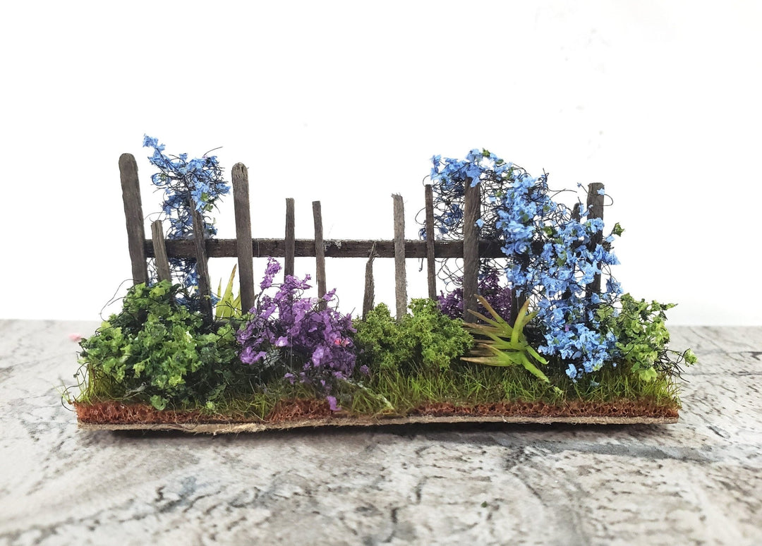 Dollhouse HALF SCALE Flowers with Fence Purple Green Blue 1:24 Scale Miniature 2 Sided - Miniature Crush
