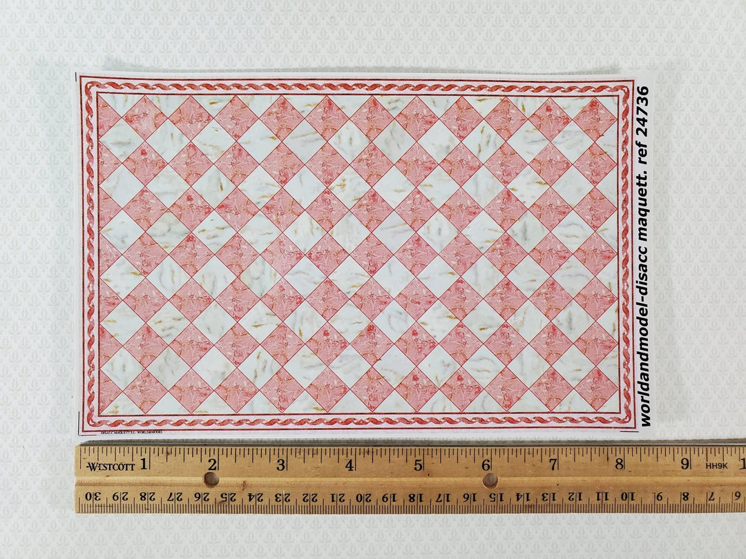 Dollhouse HALF SCALE Marble Tile Sheet with Border Pink & White Floor 1:24 World Model - Miniature Crush