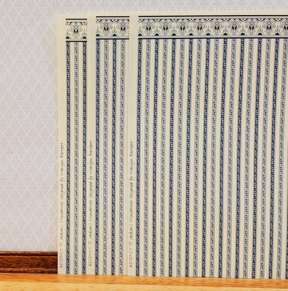 Dollhouse HALF SCALE Wallpaper 3 Sheets Blue & Cream Striped "Regency" 1:24 Scale - Miniature Crush