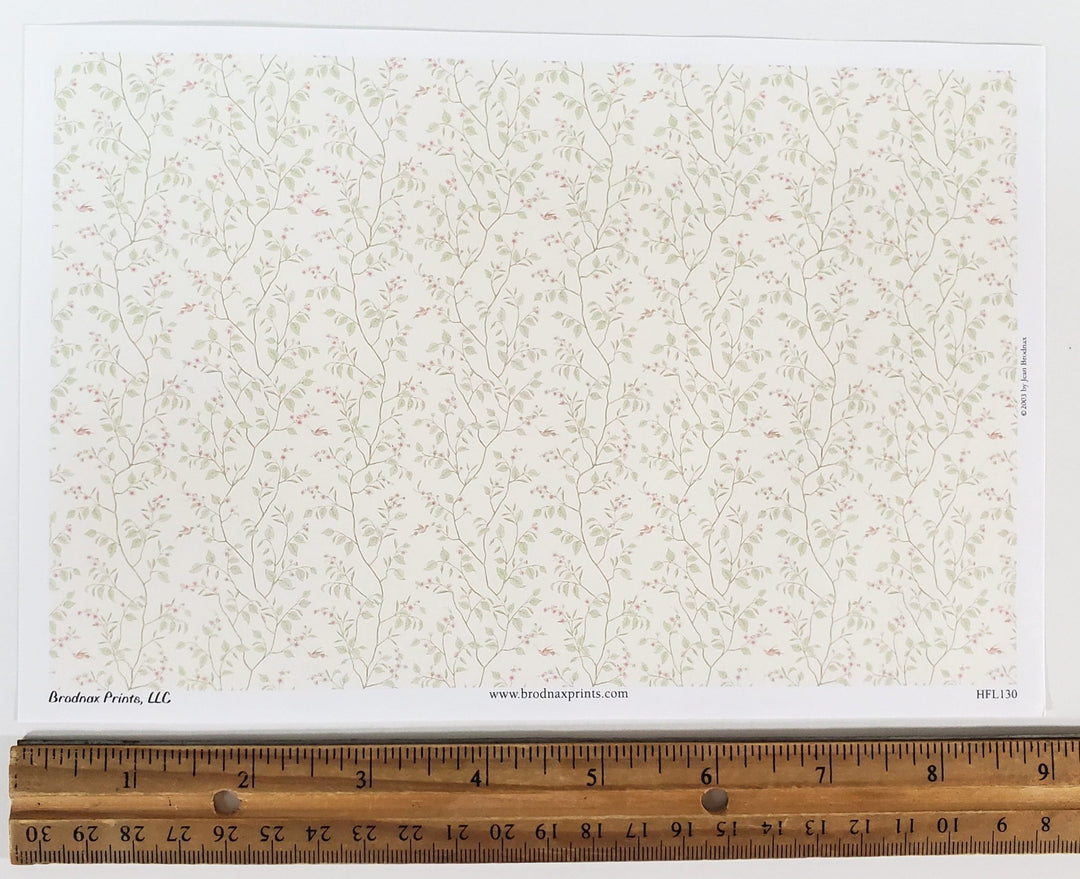 Dollhouse HALF SCALE Wallpaper 3 Sheets Green & Cream with Leaves "Cherry Blossom" 1:24 Scale - Miniature Crush