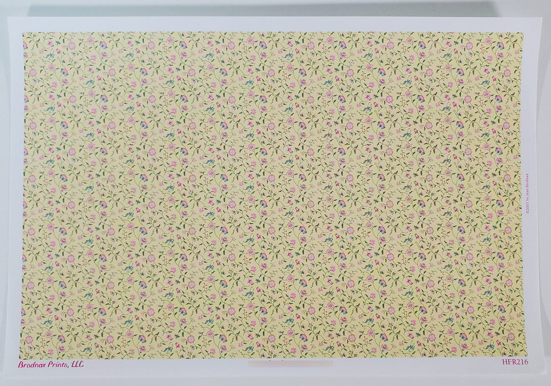 Dollhouse HALF SCALE Wallpaper 3 Sheets Pale Yellow Floral "Papillon" 1:24 Scale - Miniature Crush